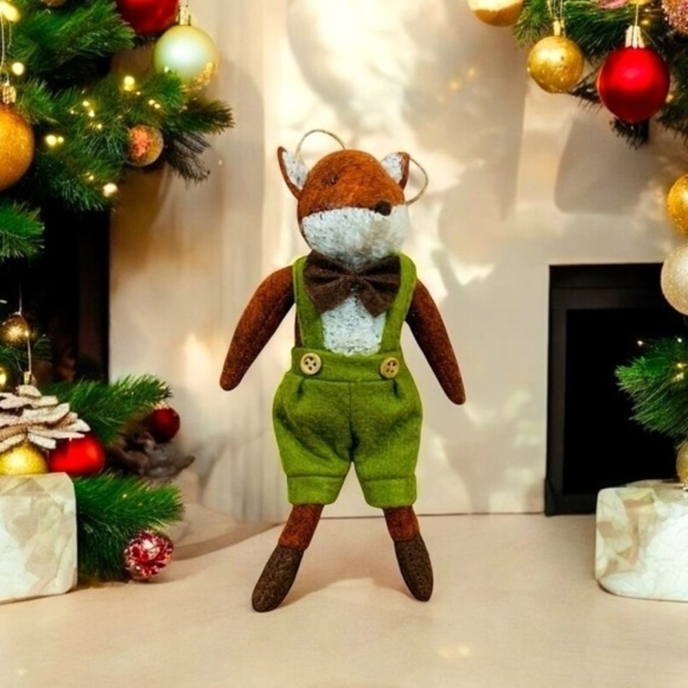 Handmade Felted Fox Gentleman Christmas Ornament 8"x4" Fabric Stuffed Xmas VG